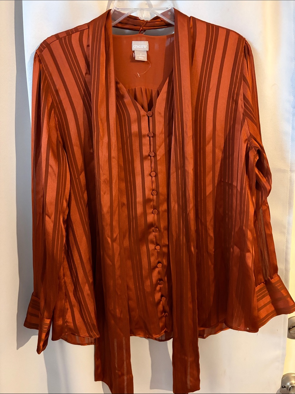 Chico's Burnt Orange Striped Satin Blouse with Neck Tie